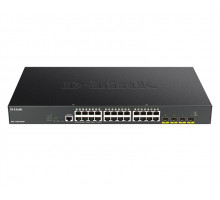 Коммутатор D-Link DGS-1250-28XMP/A1A, L2 Smart Switch with 24 10/100/1000Base-T ports and 4 10GBase-X SFP+ ports (24  PoE ports 802.3af/802.3at (30 W), PoE Budget 370W).16K Mac address, 802.3x Flow Control, 4K