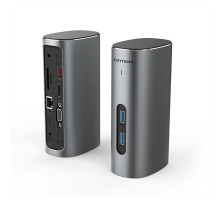 Док-станция Vention USB-C to HDMI/VGA/USB 3.1 Gen 2/USB 3.1 Gen 2-C/USB 3.0x2/RJ45/SD/TF/TRRS 3.5mm/PD/DC Docking Station Gray Vertical Aluminum Alloy Type EU Standard