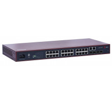  QTECH Управляемый стекируемый коммутатор уровня L2+, 24 порта 10/100/1000BASE-T, 4 порта 10GbE SFP+, встроенный БП разъем питания на передней панели, 100-240В AC