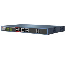 Коммутатор Hikvision DS-3E0318P-E(B) 16 RJ45 100M PoE с грозозащитой 6кВ, 1-8 порты с высоким приоритетом; 2 Uplink комбо-порта 1000М; бюджет PoE 230Вт; поддержка режима передачи до 250м,10Мб/с, CAT5e;таблица MA