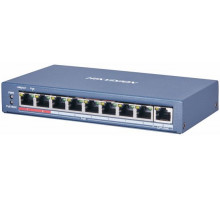 Коммутатор Hikvision DS-3E0109P-E(C) 9 RJ45 100M PoE с грозозащитой 6кВ, 2 порт с высоким приоритетом; 1 Uplink порт 100М Ethernet; бюджет PoE 115Вт; поддержка режима передачи до 250м,10Мб/с, CAT5e;таблица MAC а