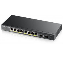  Коммутатор PoE+ Zyxel GS1100-10HP, 8xGE PoE+, 2xSFP, настольный, бесшумный, бюджет PoE 130 Вт, Kensigton lock