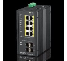  Промышленный L2 PoE+ коммутатор Zyxel RGS200-12P, 8xGE PoE+, 4xSFP, крепление на стену/DIN-рейку, IP30, два источника питания DC, бюджет PoE 240 Вт