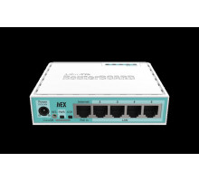 Маршрутизатор MikroTik hEX with Dual Core 880MHz MHz CPU, 256MB RAM, 5 Gigabit LAN ports, USB, RouterOS L4, plastic case, PSU